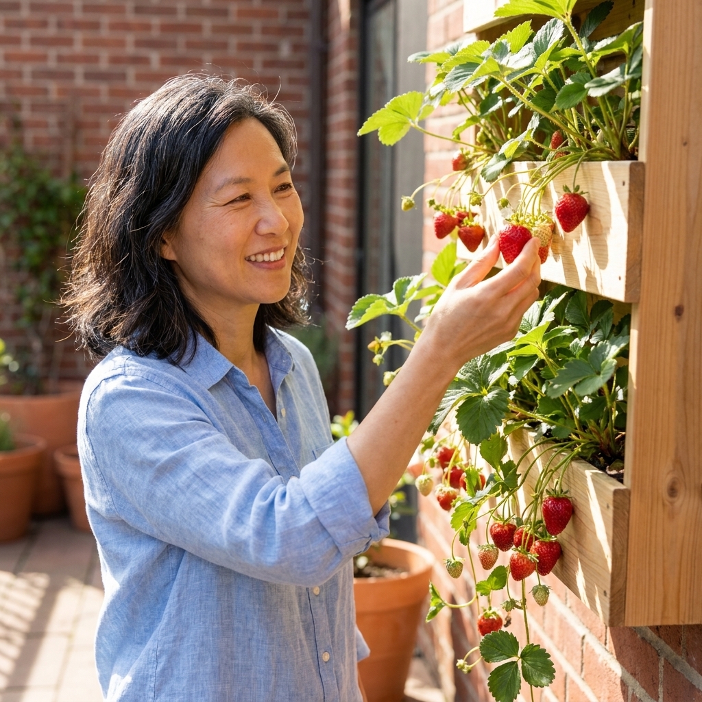A small sunny patio with a mounted vertical planter filled with strawberry plants, with ripe berries visible and a few trailing leaves over the edges