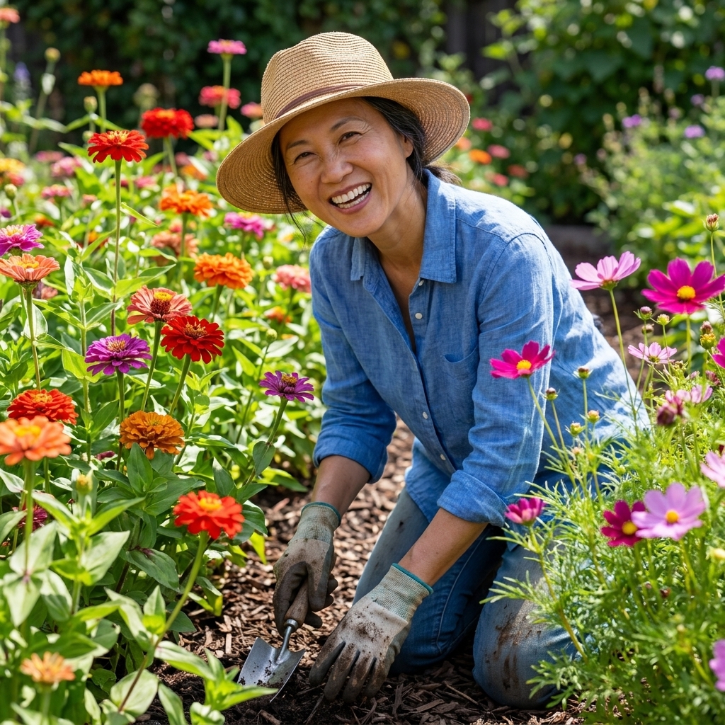 A summer flower bed filled with bright zinnias and cosmos blooming densely in full sun, with green foliage and mulch visible