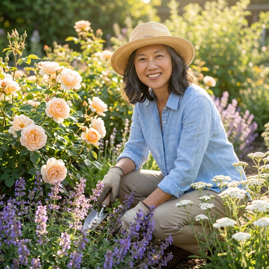 A summer garden border with pale peach roses, purple catmint mounds, and white yarrow blooms growing together in a sunny perennial bed.