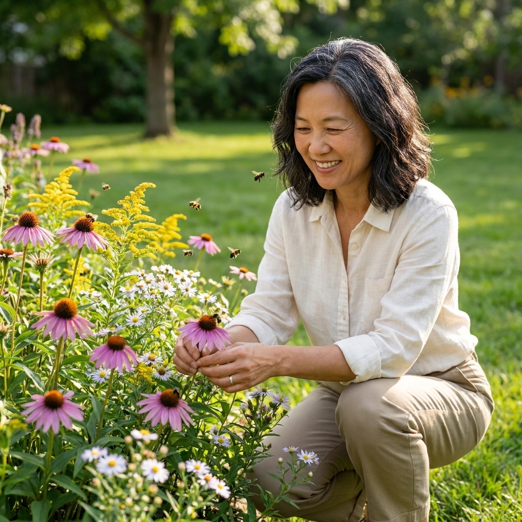 A sunny backyard garden border filled with native wildflowers in purple, yellow, and white, with bees visiting blooms and a soft-focus lawn behind