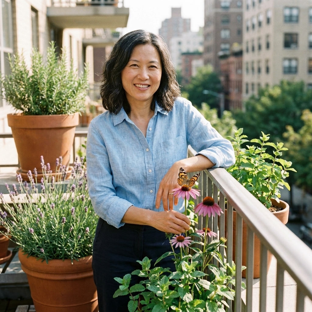 A sunny balcony with several large containers planted with flowering herbs and pollinator-friendly blooms, with a butterfly perched on a purple flower near the railing