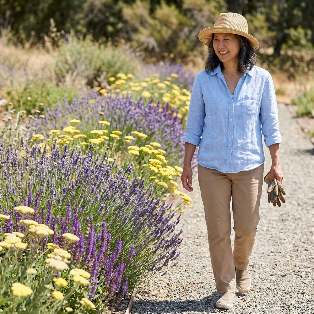 A sunny drought-tolerant flower border with lavender, yarrow, and purple salvia blooming beside a gravel path in midsummer