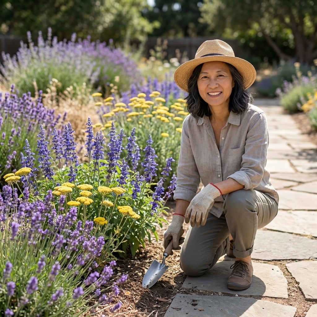 A sunny, dry garden bed with lavender, blue salvia, and yellow yarrow blooming beside a stone walkway