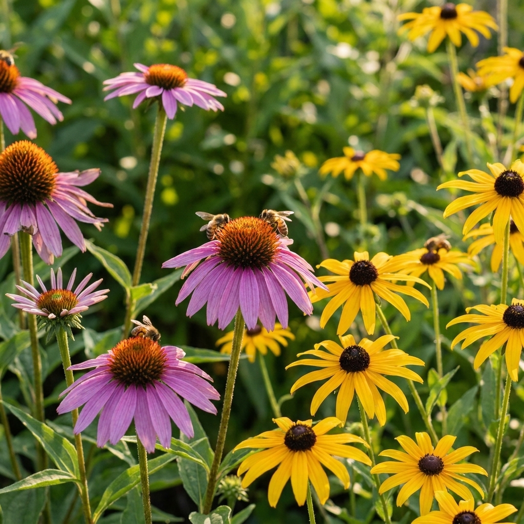 A sunny pollinator garden with coneflowers and black-eyed Susans in bloom while bees visit flowers, with mixed green foliage behind