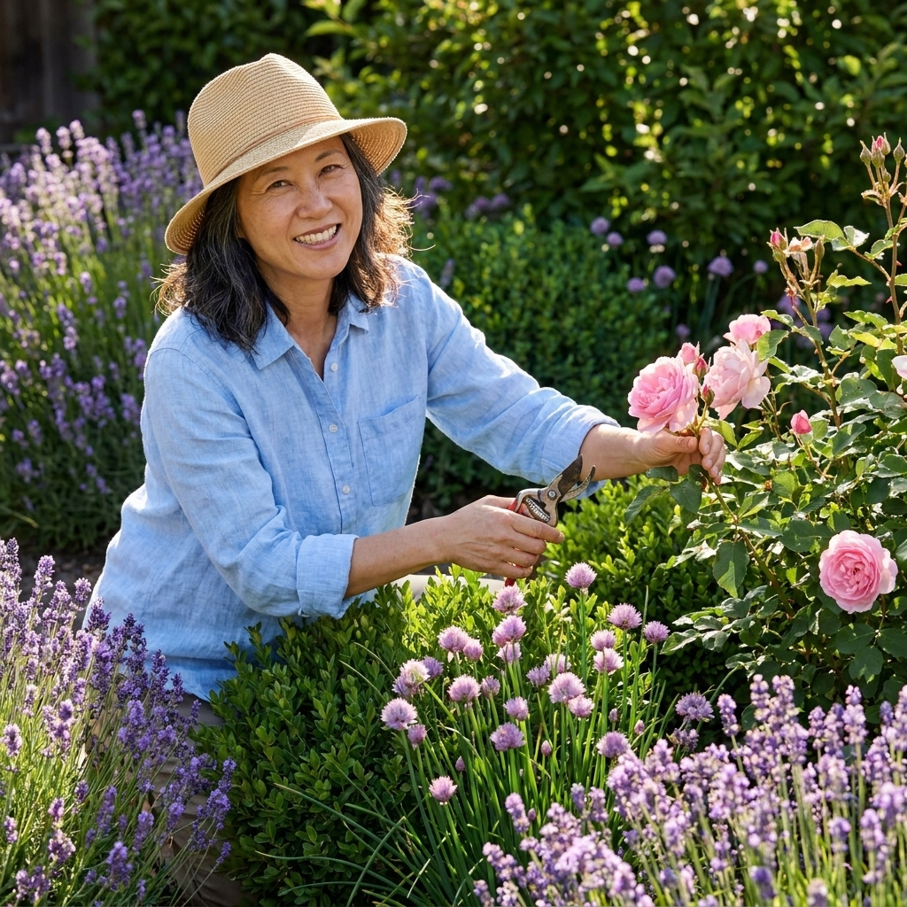 A sunny rose bed with blooming pink roses, a neat edge of lavender, and clumps of flowering chives interplanted between shrubs