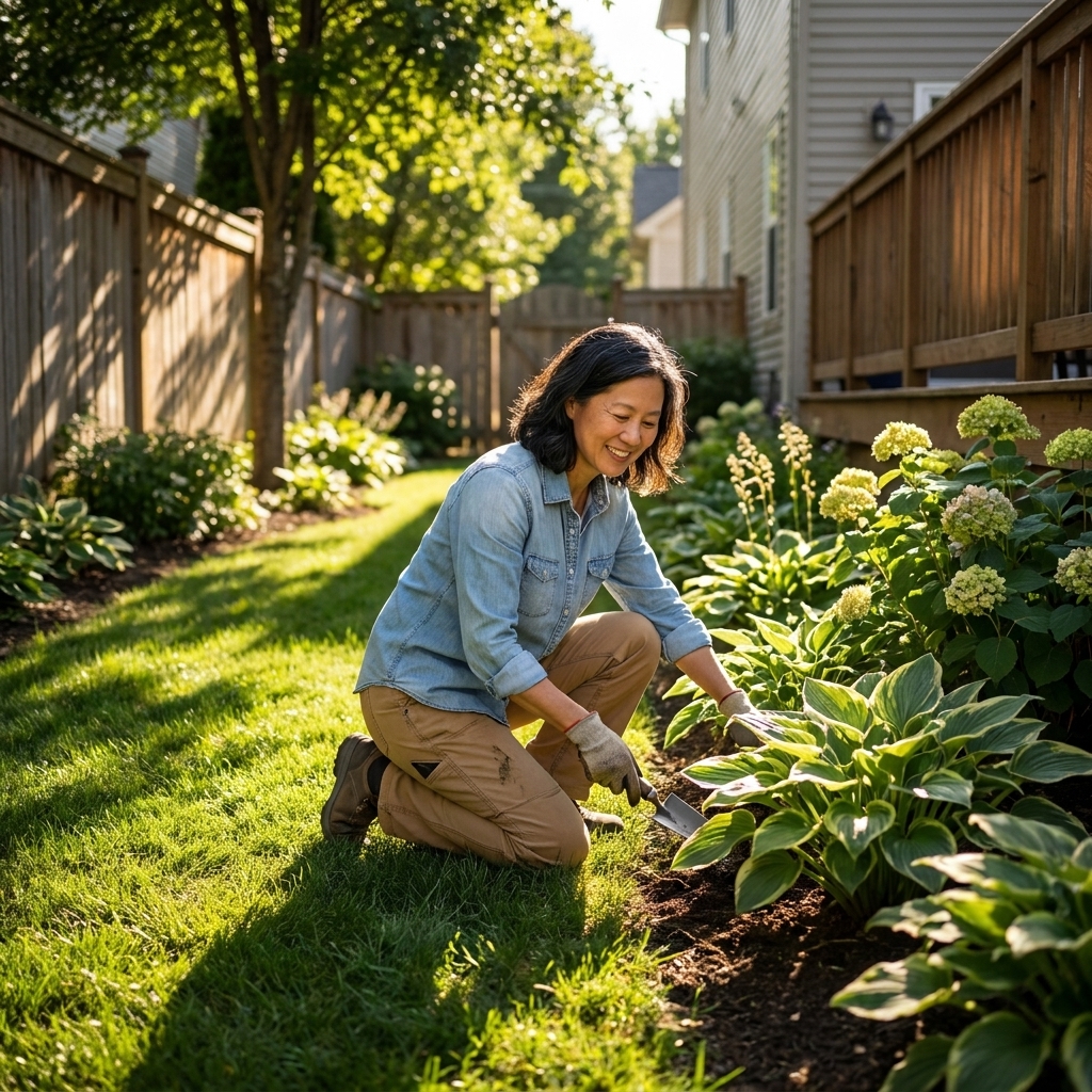 A sunny suburban backyard with clear patches of light and shade across lawn and garden beds, showing how shadows shift during the day