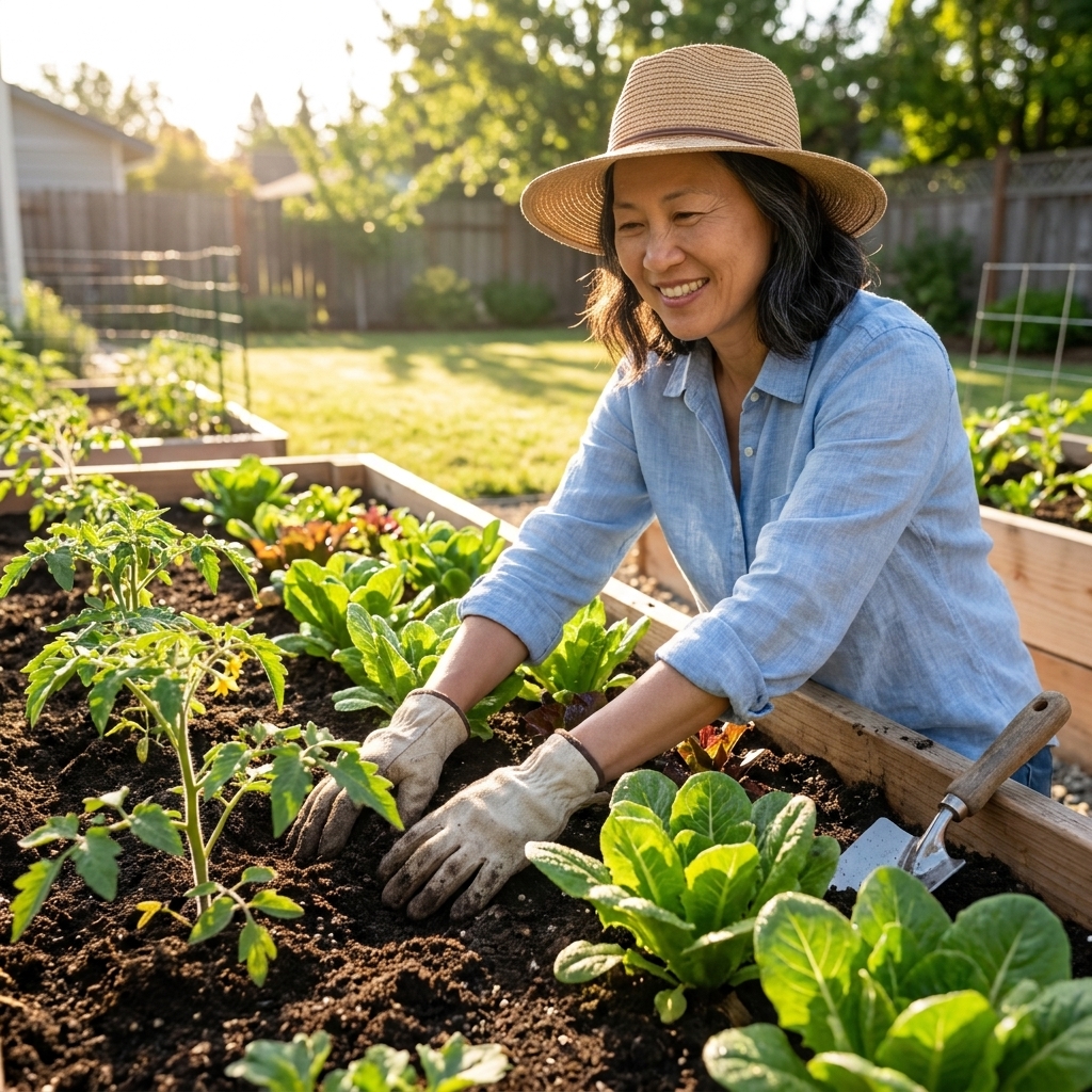 A thriving backyard vegetable bed with dark, crumbly soil visible between rows of leafy greens and young tomato plants on a sunny morning