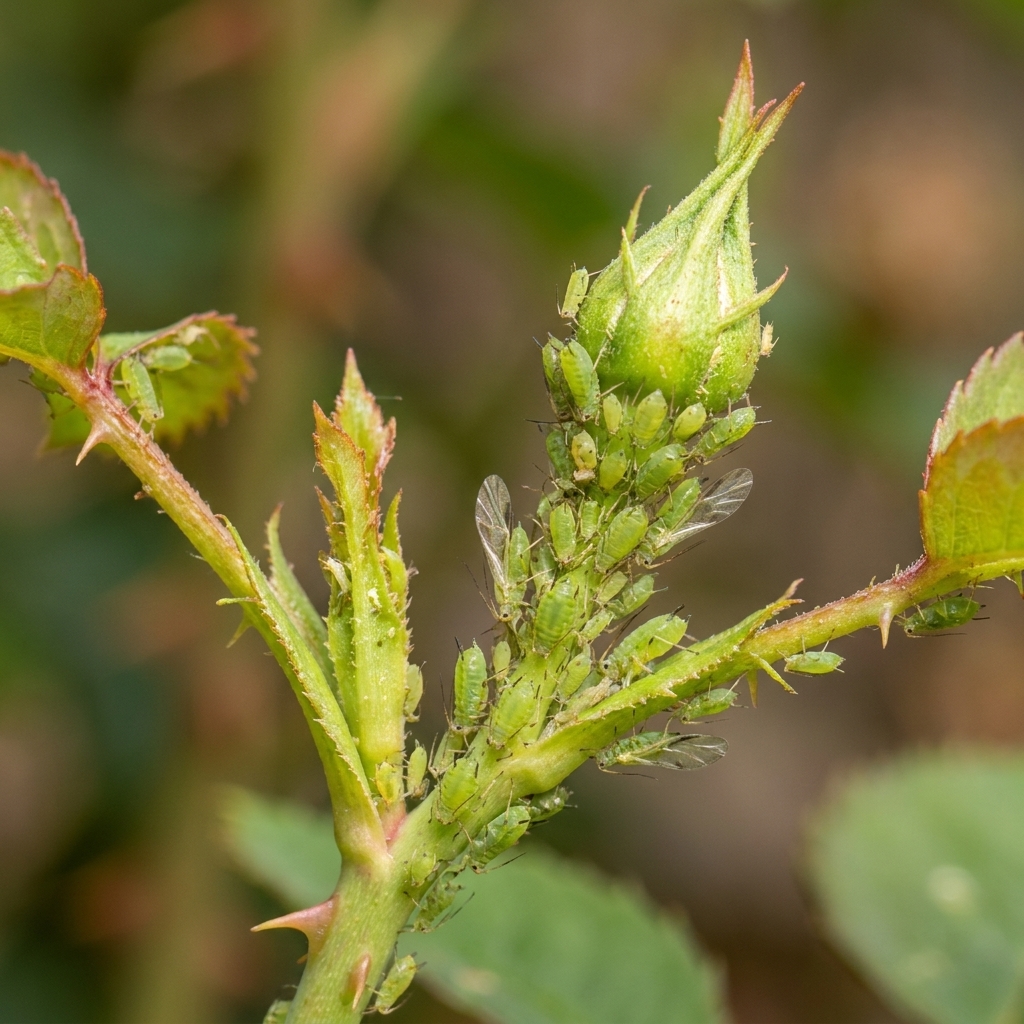 A tight close-up of green aphids clustered on a rose stem and new growth