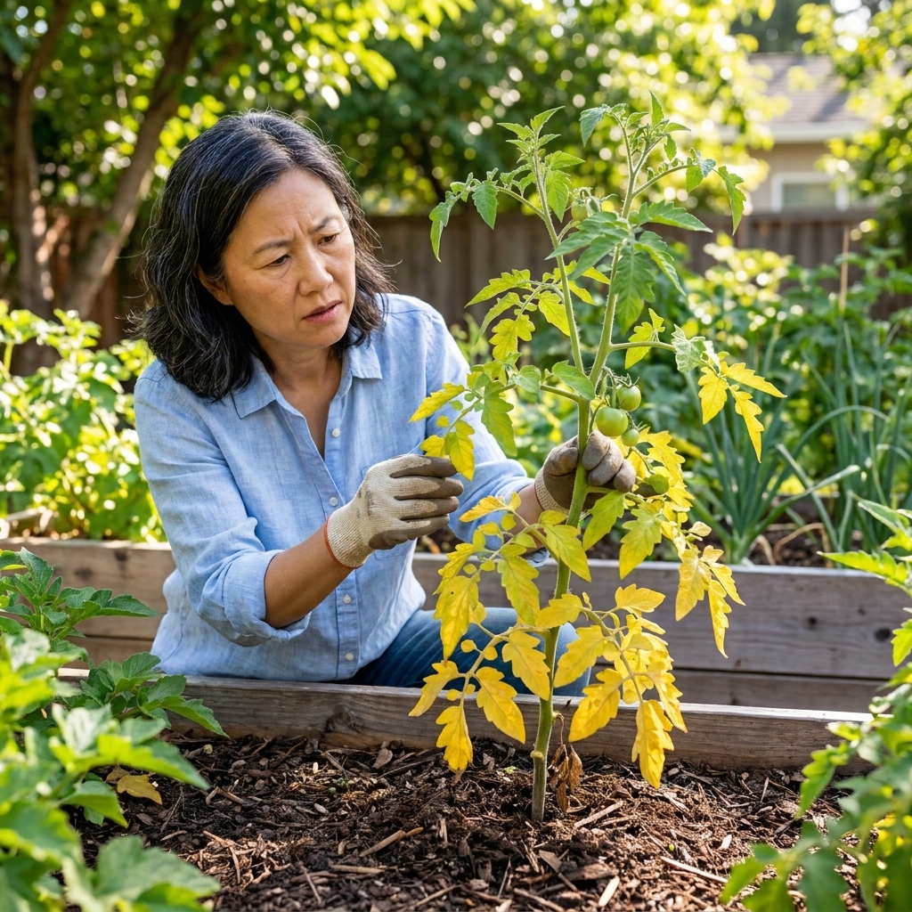 A tomato plant in a backyard garden bed with older lower leaves turning uniformly yellow while upper growth remains greener
