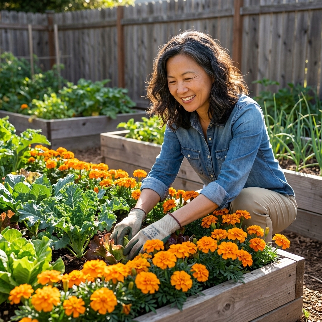 A vegetable bed edged with blooming orange marigolds, forming a colorful living border around leafy greens