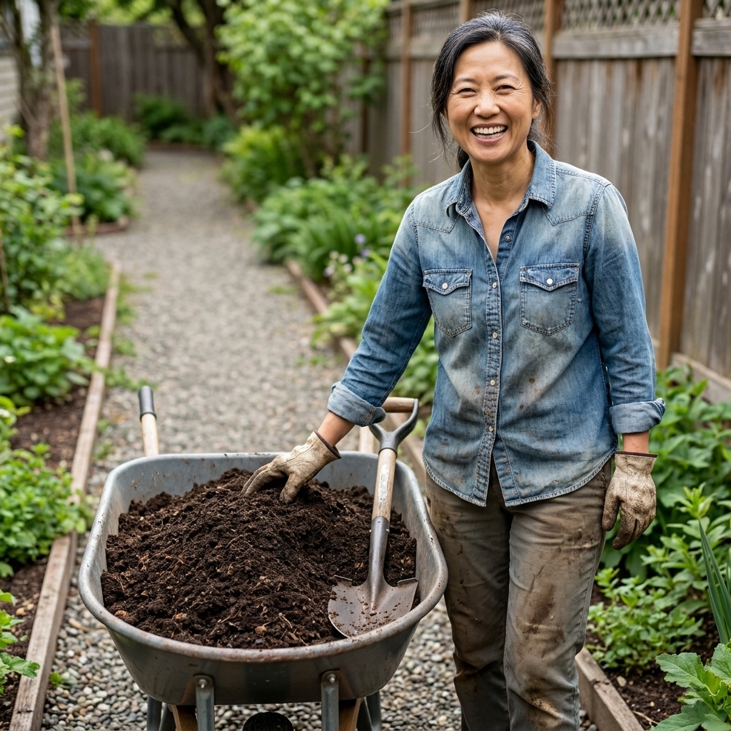 A wheelbarrow filled with dark, crumbly finished compost next to a garden path, with a shovel resting on the rim