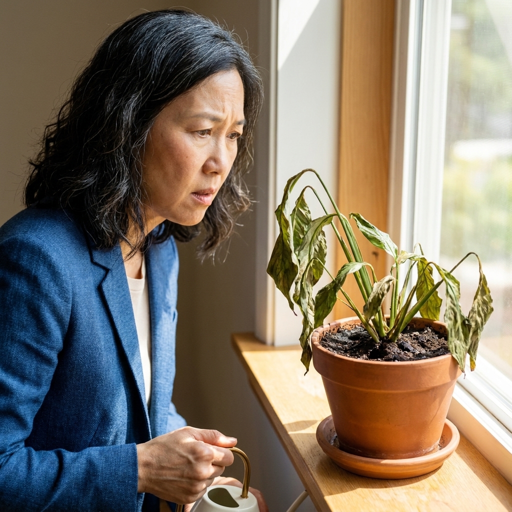 A wilted potted houseplant sitting near a sunny window, with damp soil visible at the surface