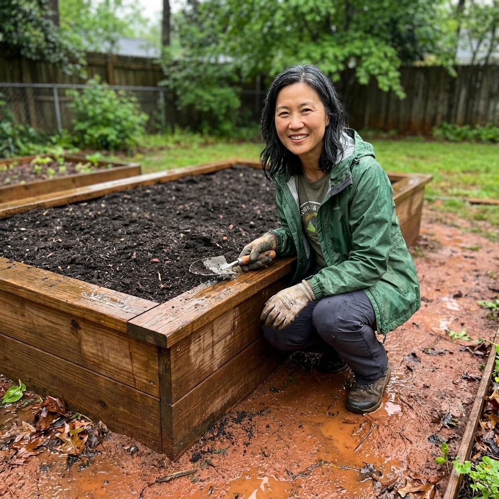 A wooden raised garden bed filled with dark amended soil in a backyard, with clay soil visible around the outside edges after rainfall