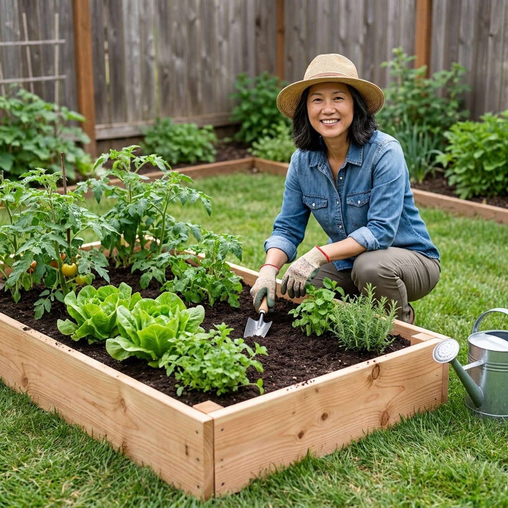 A wooden raised garden bed in a backyard with healthy green plants and visible soil level above the surrounding ground