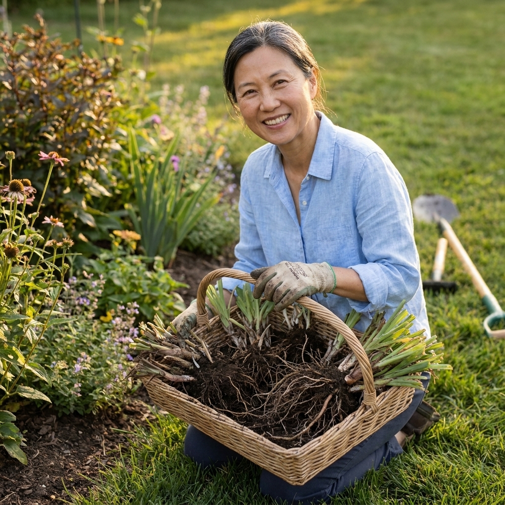 A woven garden basket holding several freshly divided perennial sections with visible roots, resting on grass beside a flower bed