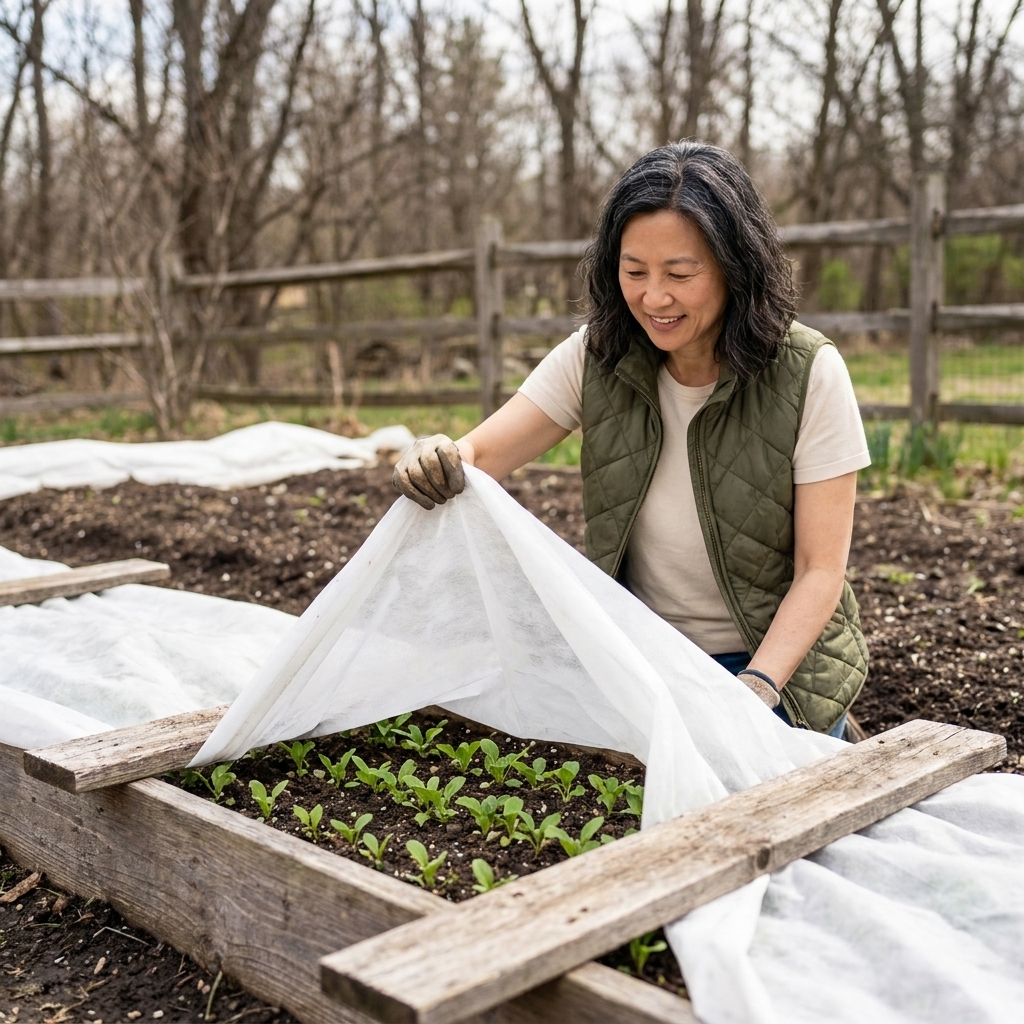 An early spring vegetable bed covered with floating row cover fabric held down by boards, with young greens growing underneath