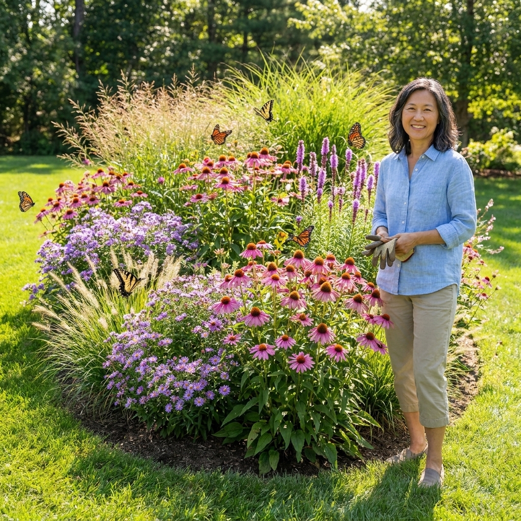 An oval island garden bed in a lawn with layered native perennials and ornamental grasses, with butterflies flying above pink and purple flowers on a bright summer day