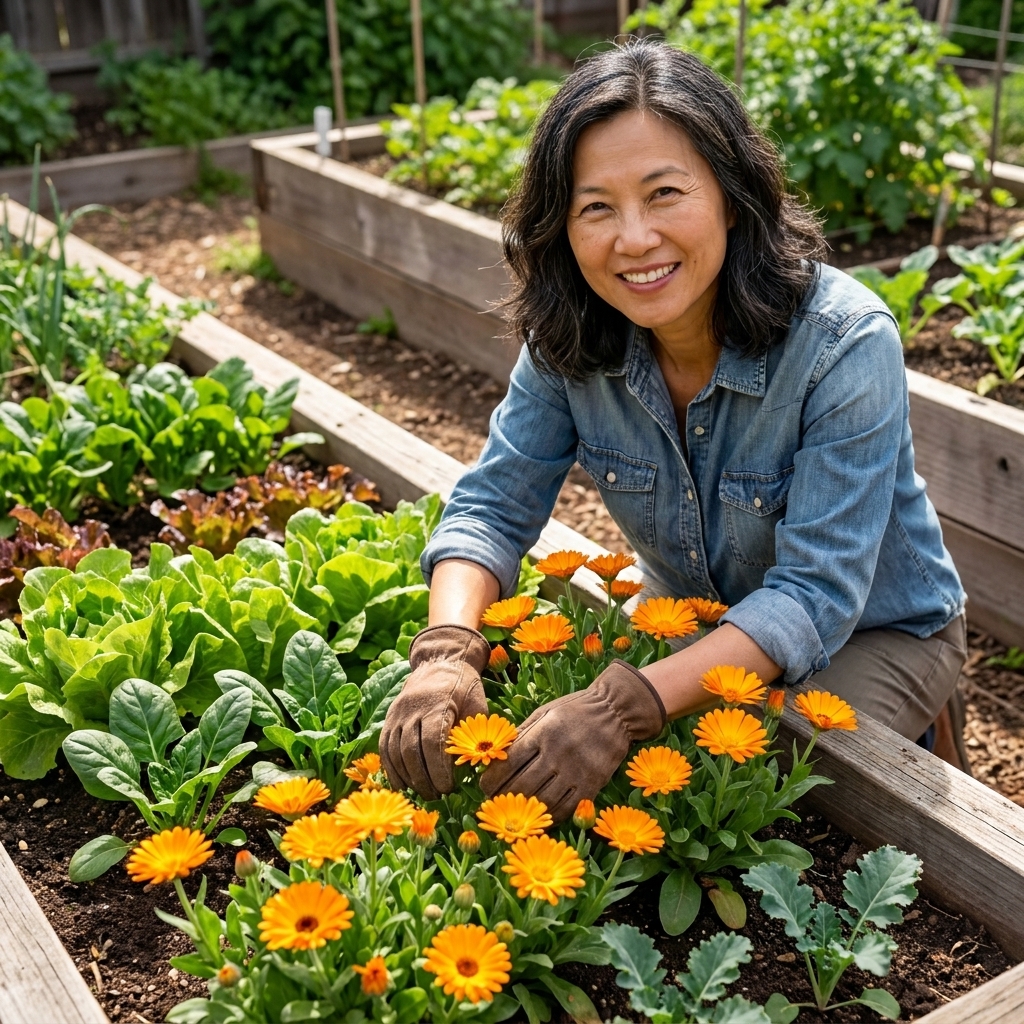 Bright orange calendula flowers blooming along the edge of a spring vegetable bed, with leafy greens and small seedlings nearby