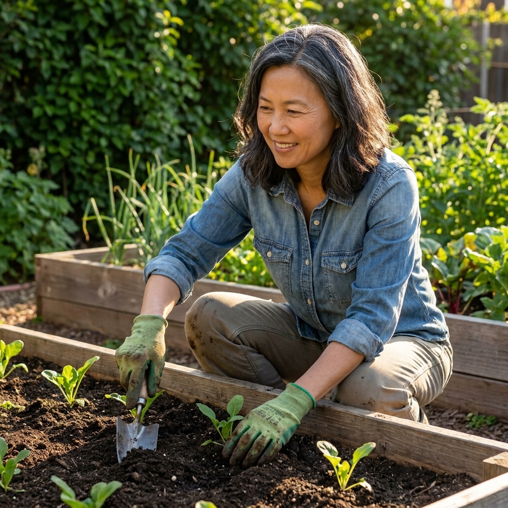 Clara Lin kneeling in a sunlit backyard garden bed, gently loosening soil around young seedlings while wearing gardening gloves