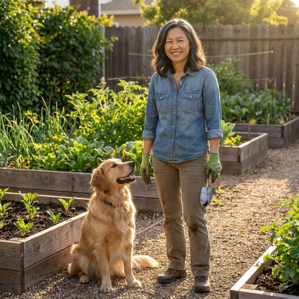 Clara Lin standing on a backyard garden path holding a small hand trowel while her golden retriever Barnaby sits beside her, with green garden beds behind them