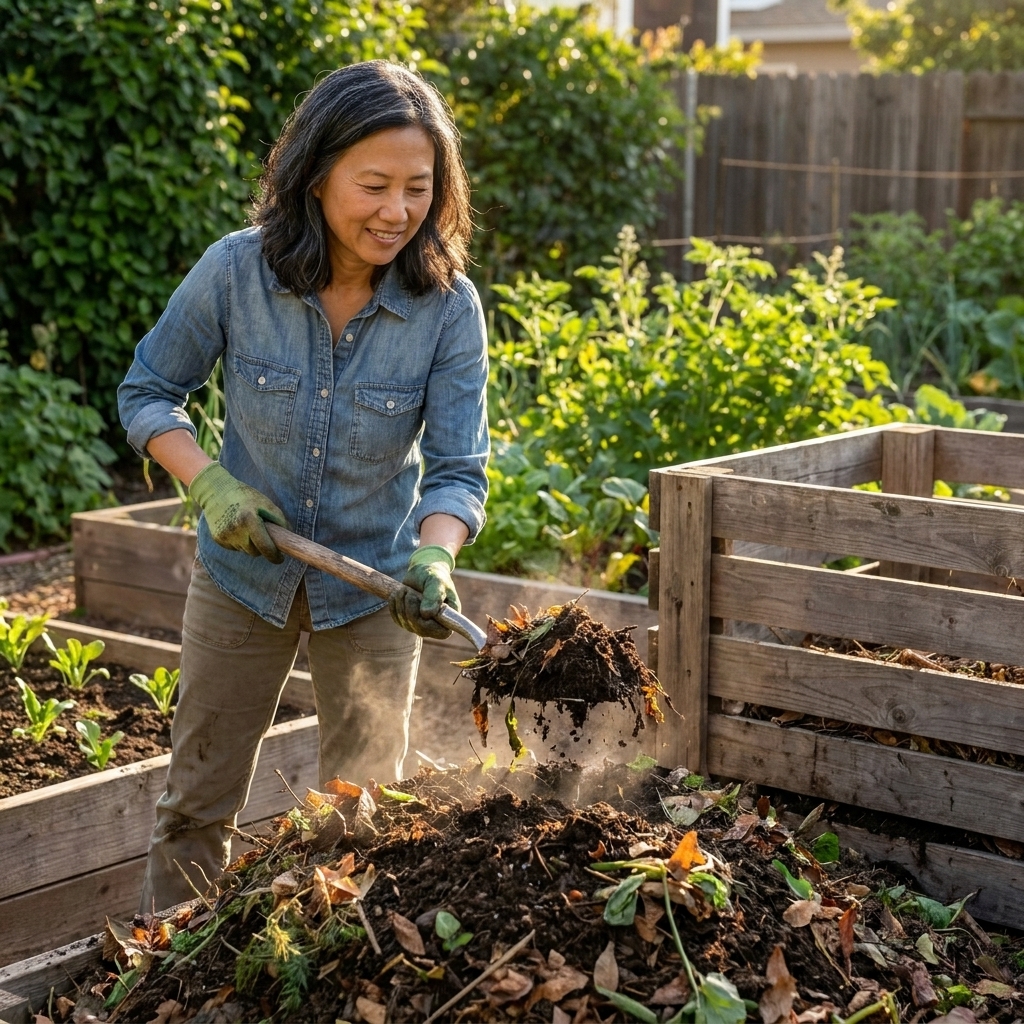 Clara Lin turning a backyard compost pile with a garden fork beside a wooden compost bin, leafy yard debris visible in afternoon light