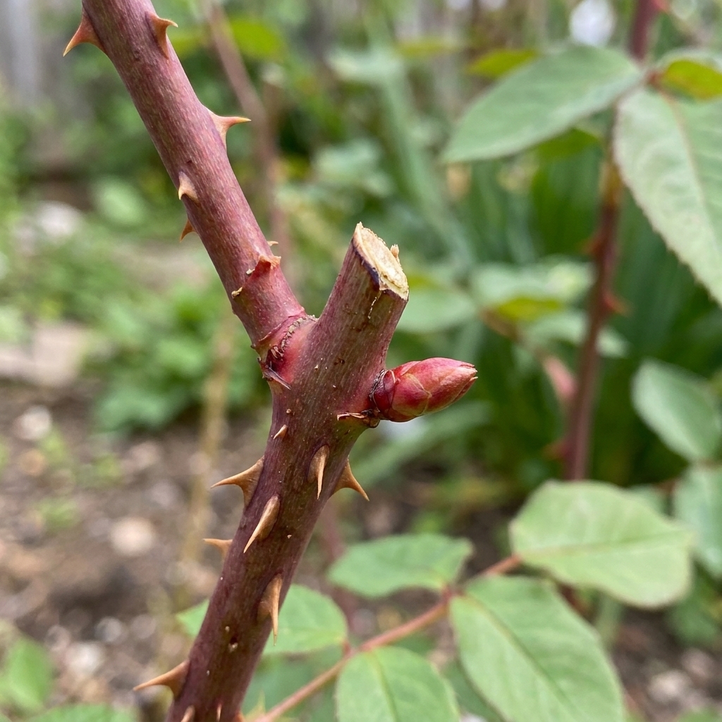 Close view of a rose cane showing a swollen outward-facing bud with a pruning cut made slightly above it