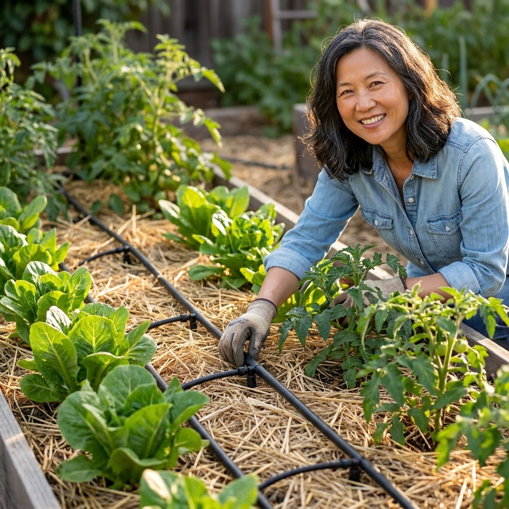 Drip irrigation lines running along a vegetable bed with healthy green plants and mulch visible on the soil surface