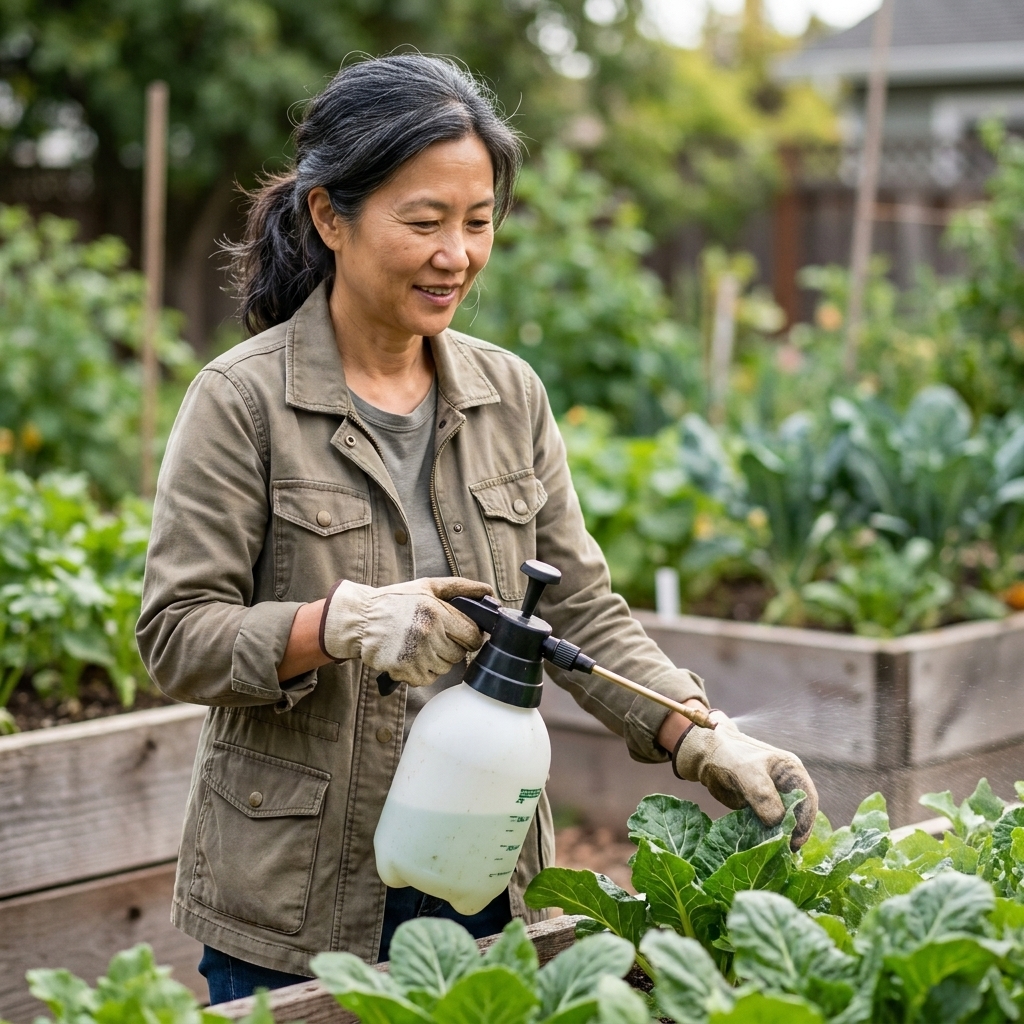 Gardener holding a pump sprayer while treating leafy plants in a home garden on a calm day
