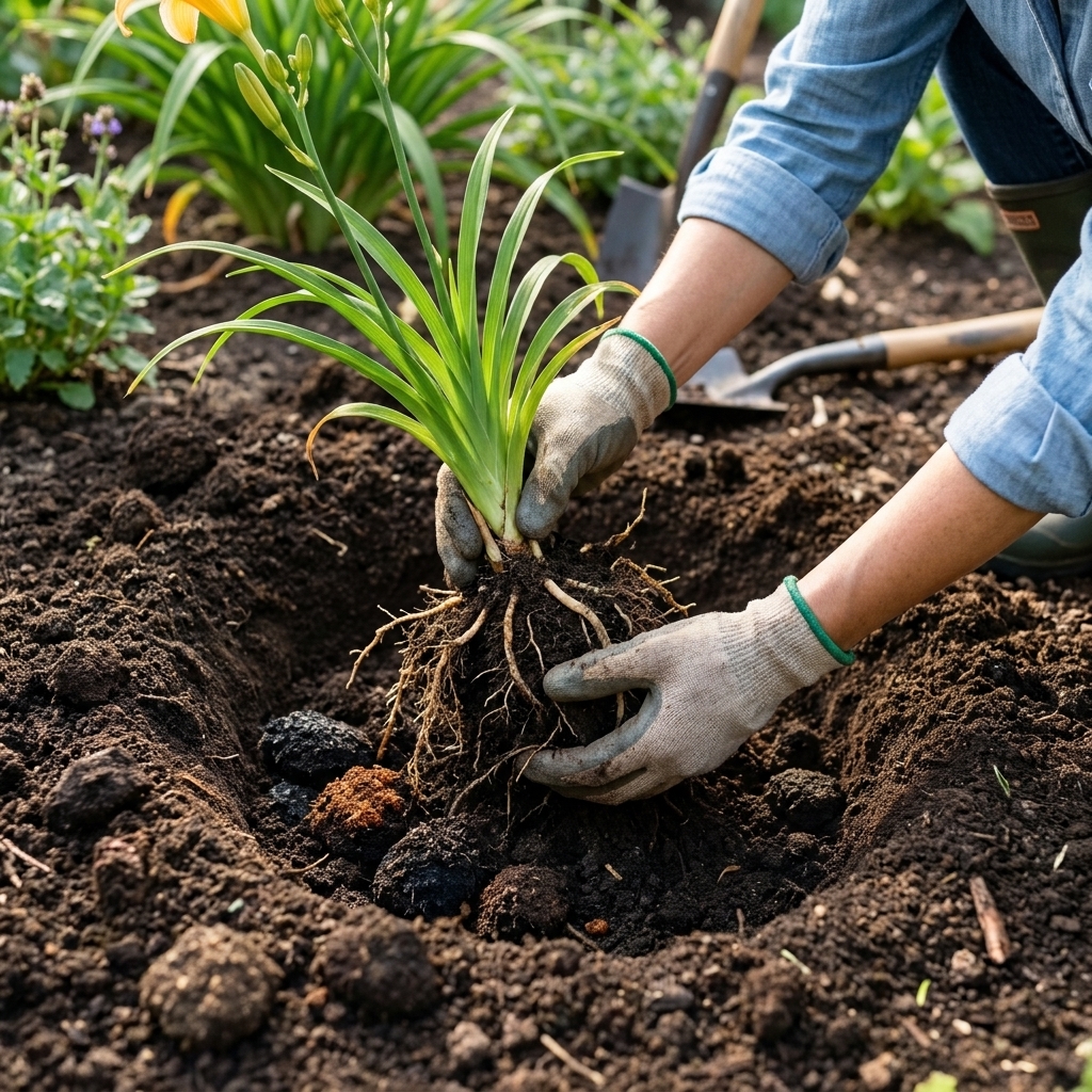 Hands placing a divided daylily section into a freshly dug hole with loosened soil and compost