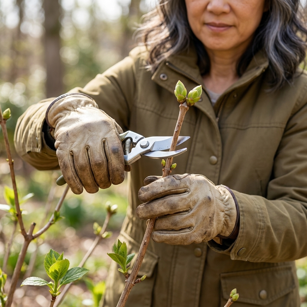 Hands using clean hand pruners to cut a hydrangea stem just above a healthy set of buds in early spring