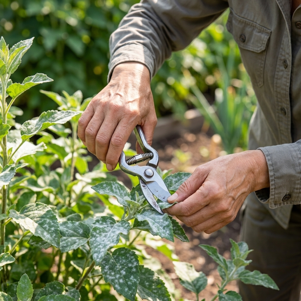 Hands using clean pruning shears to remove mildew-infected leaves from a garden plant