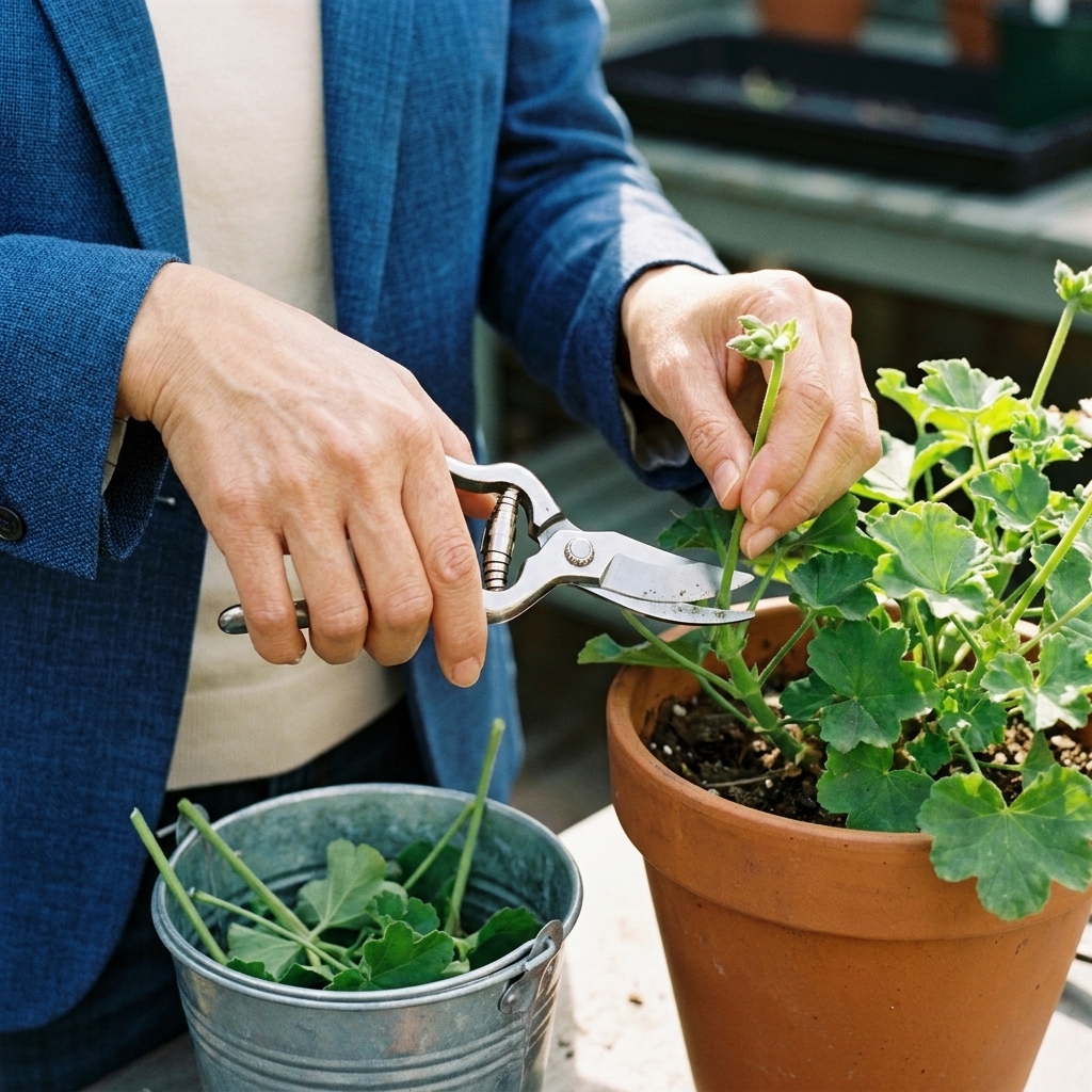 Hands using clean pruning shears to trim back green geranium stems over a pot, with cut stems and leaves collected in a small bucket