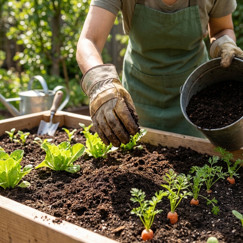 Hands wearing garden gloves spreading a layer of dark compost over a wooden raised bed filled with young vegetable seedlings