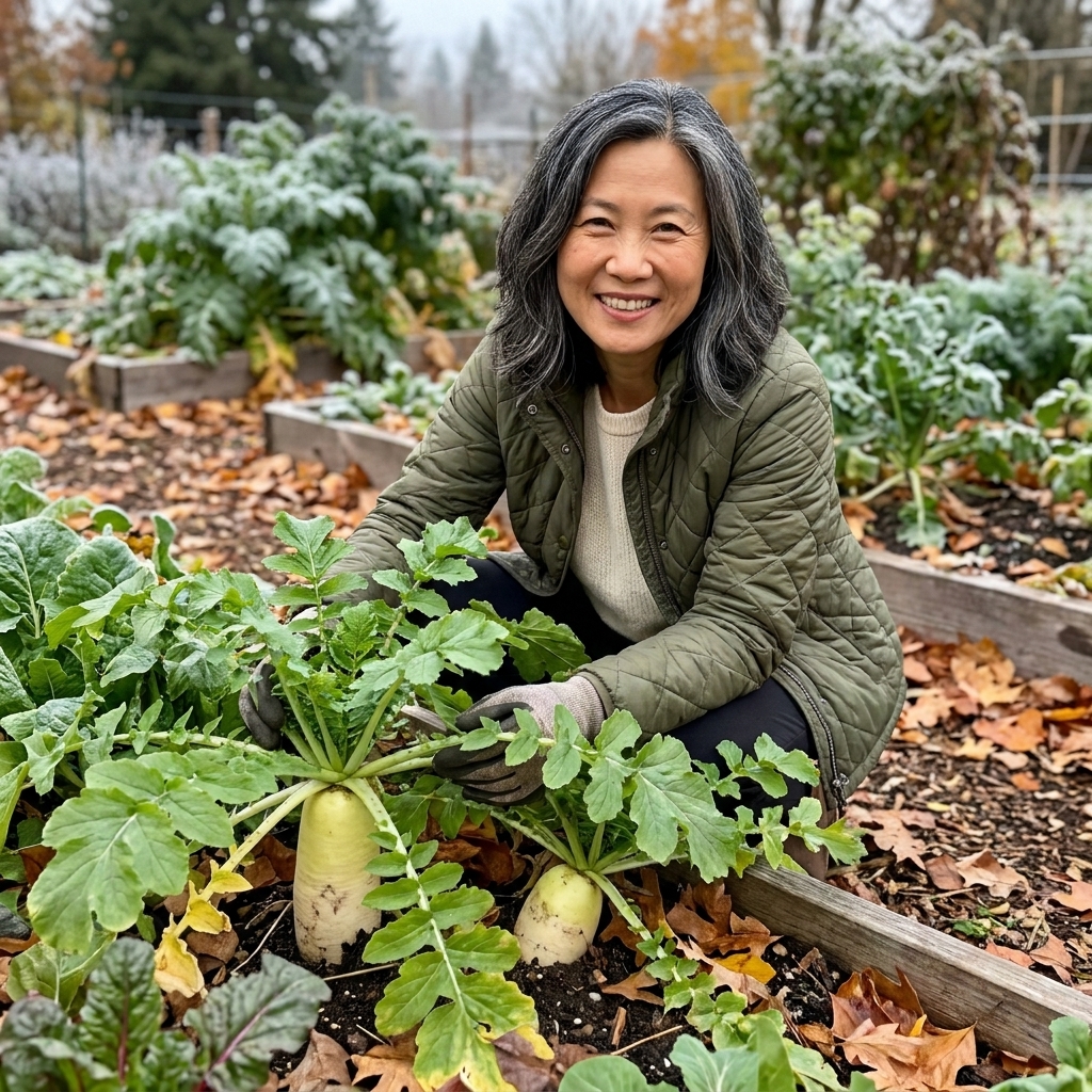 Large daikon-style radish tops growing in a garden bed in late fall with leafy greens above the soil