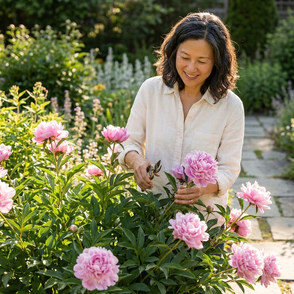 Large pink peony blossoms open on a leafy plant in a sunny perennial border