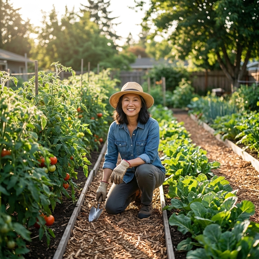 Long rows of vegetables growing in an in-ground backyard garden with mulch paths between rows