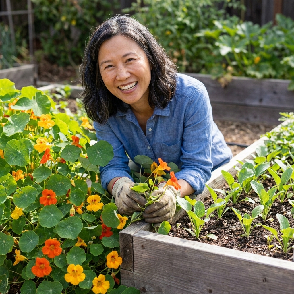 Nasturtium plants spilling along the edge of a vegetable bed, with round leaves and bright blooms near young vegetable seedlings