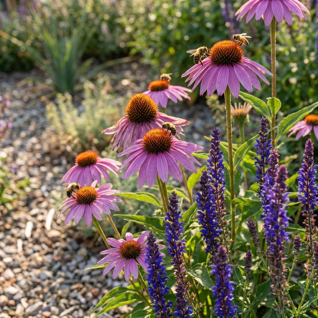 Purple coneflowers and blue salvia blooming together in a sunny, low-water garden bed with bees visiting the flowers