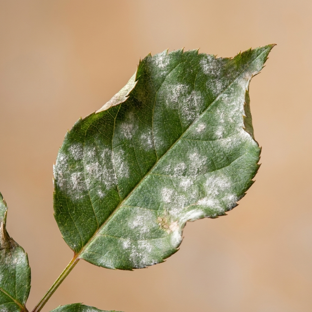 Rose leaf showing white powdery mildew patches with slight curling along the edges