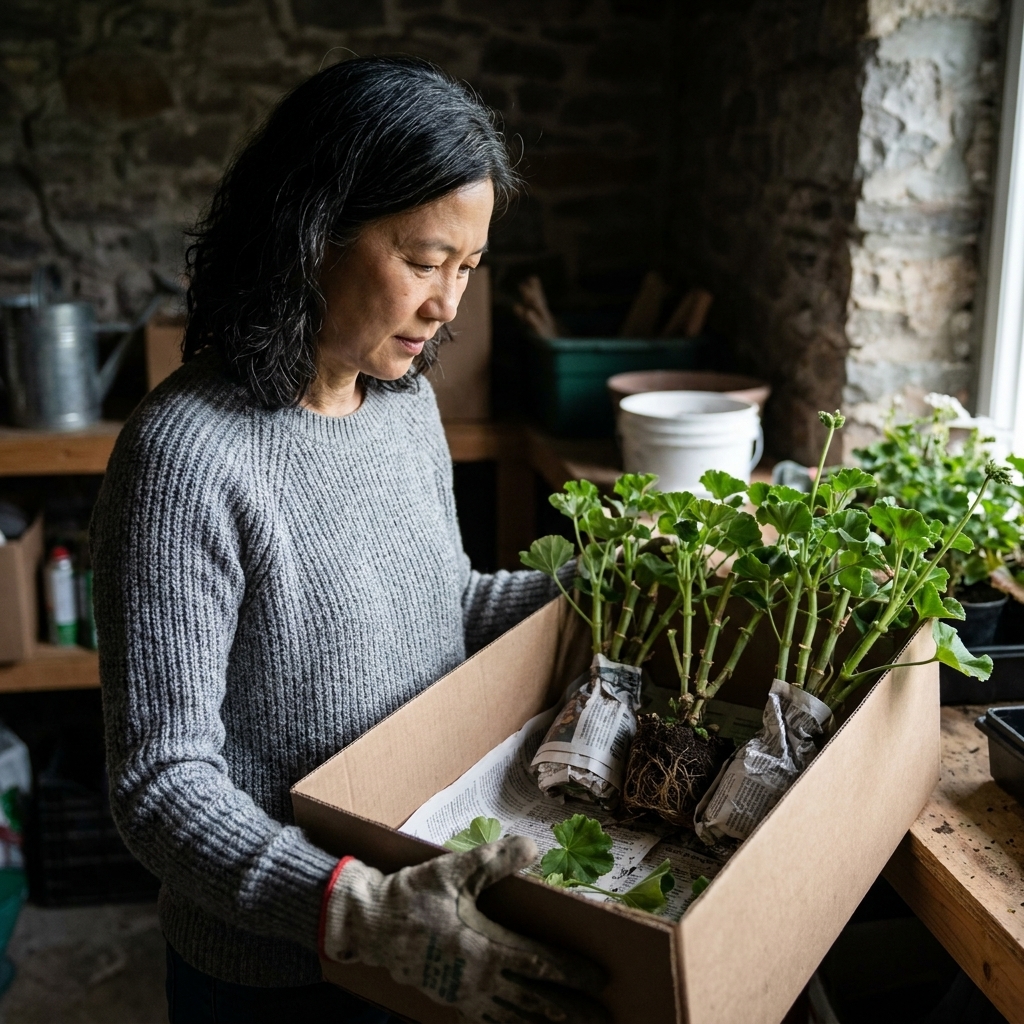 Several geranium plants with trimmed stems and exposed roots wrapped in newspaper inside a cardboard box in a cool storage area