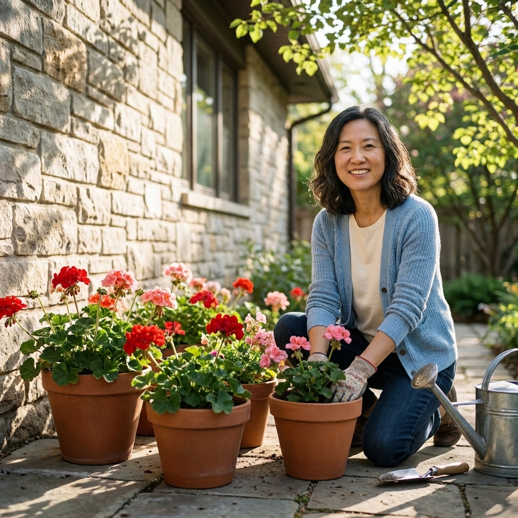 Several potted geraniums sitting outdoors in dappled shade near a house wall on a mild spring day, ready to be acclimated back outside