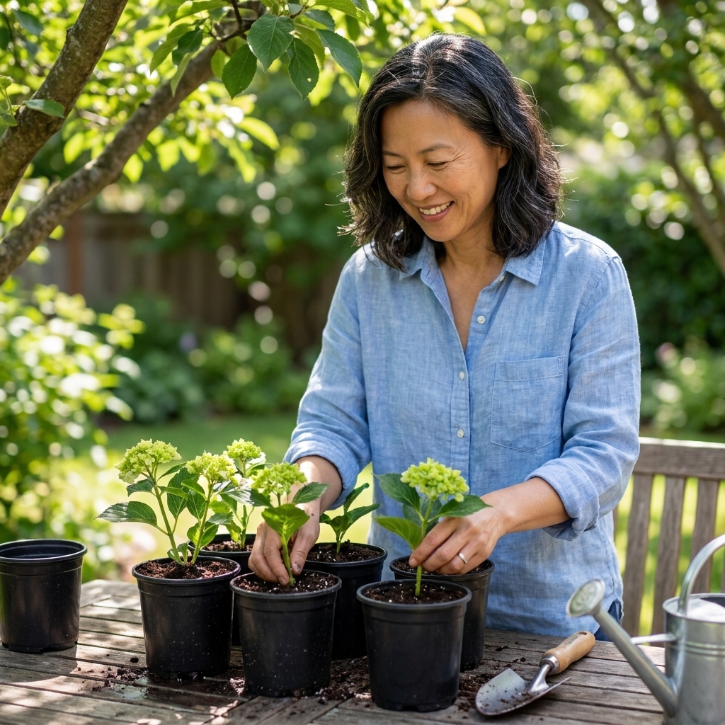 Several small nursery pots filled with moist potting mix holding fresh hydrangea cuttings under dappled shade on a backyard patio table