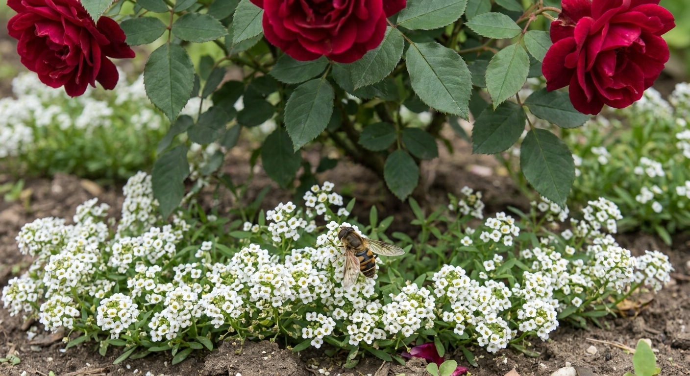 White sweet alyssum blooming as a low groundcover beneath a rose bush with red blooms, with a hoverfly perched on the tiny flowers.