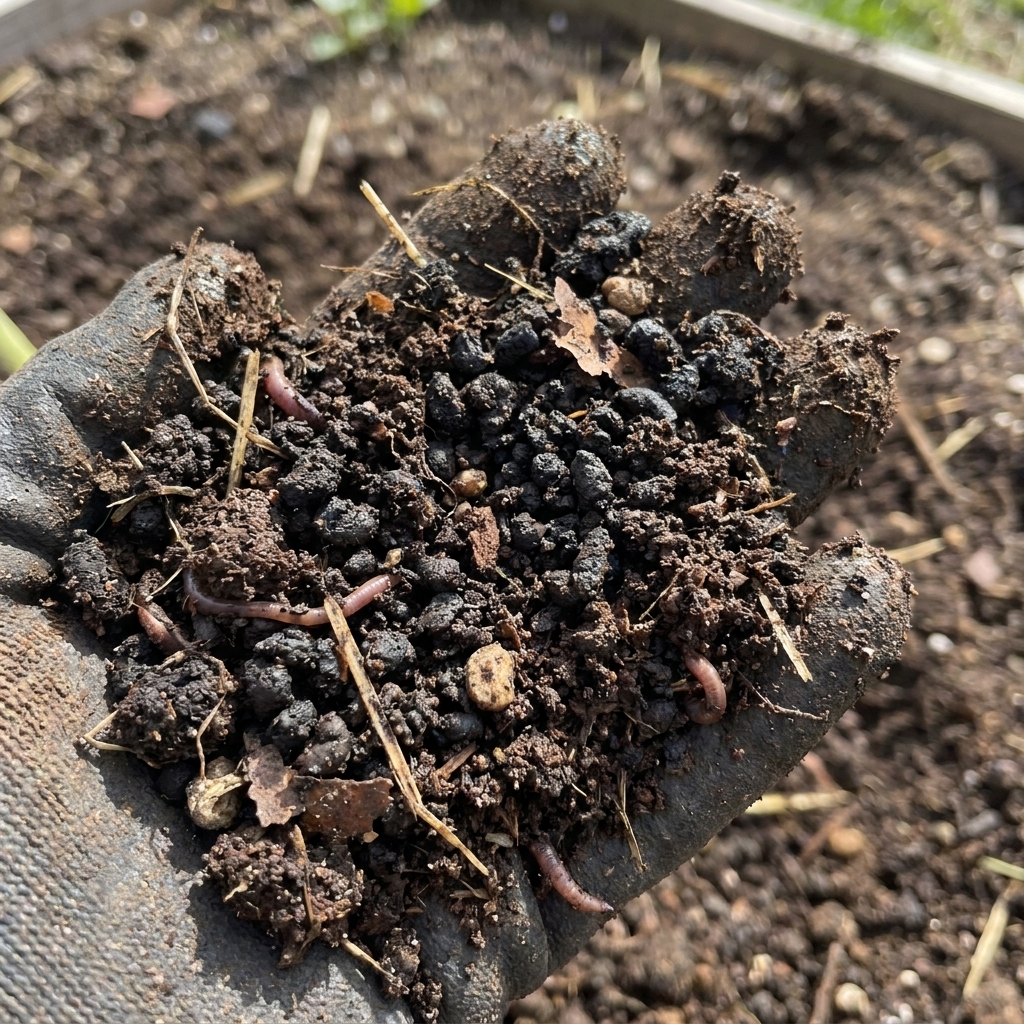 Worm castings mixed into garden soil, showing a dark, crumbly texture with small organic particles