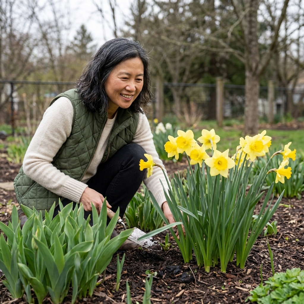 Yellow daffodils blooming in early spring among emerging perennial foliage in a mulched garden bed